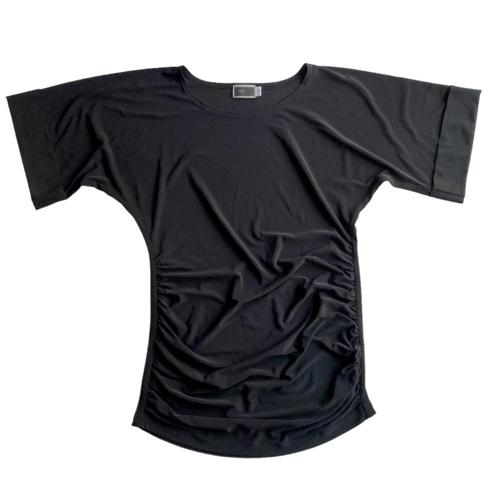 Sympli Black ruched dolman sleeve shirt short sleeves top 4 travel minimalist